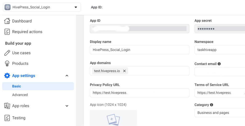 Facebook App basic settings.