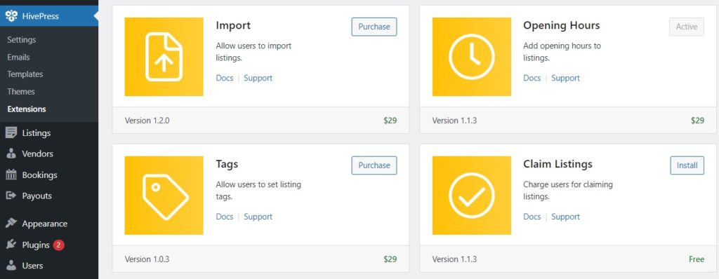 Installing HivePress add-ons.