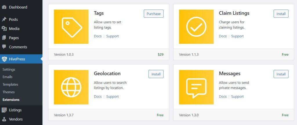 Installing HivePress add-ons.