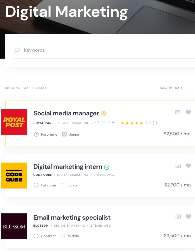 Featured listings on a job board website.