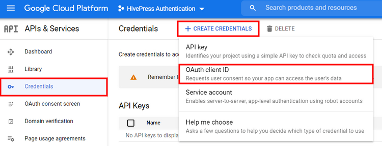 Creating Google API credentials.