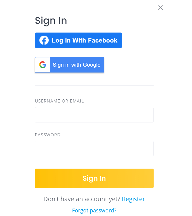 Example of social login buttons at the website registration form.