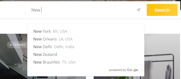 Location-based search on the WordPress-built website.
