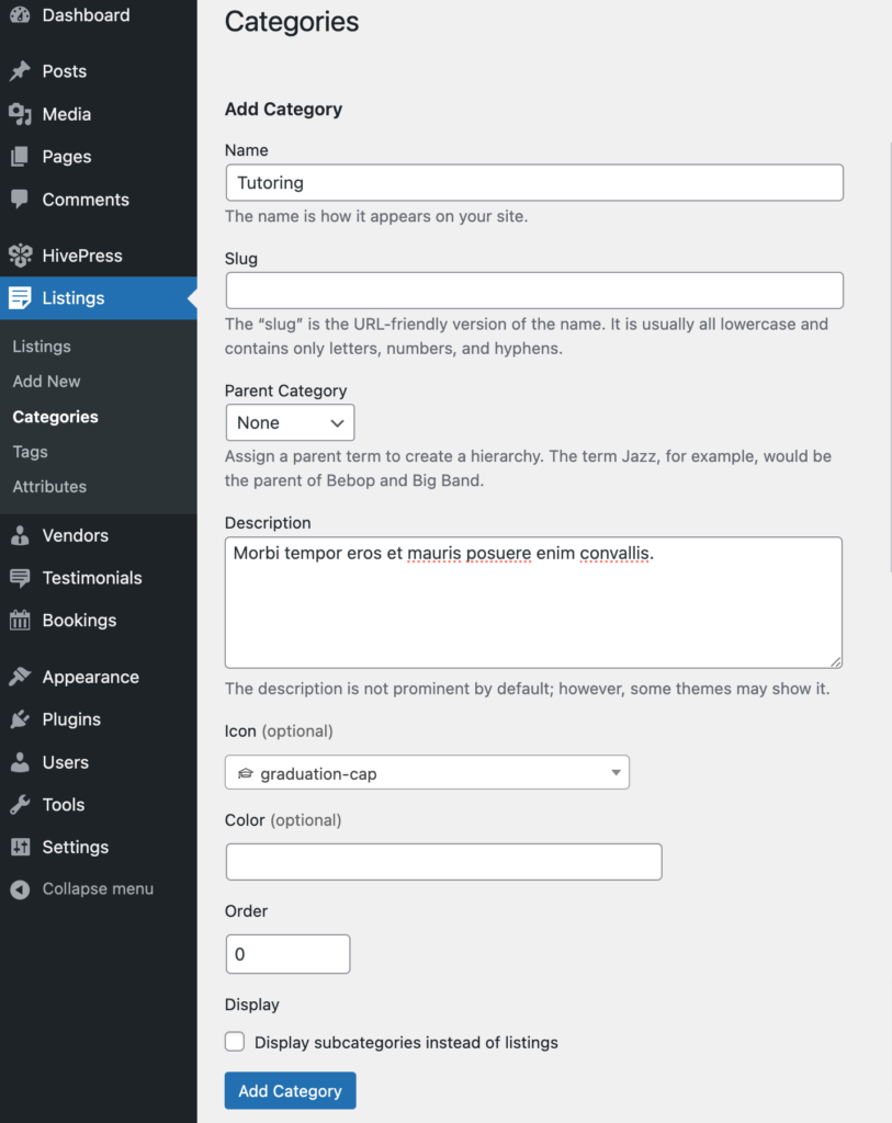 Adding listing categories.