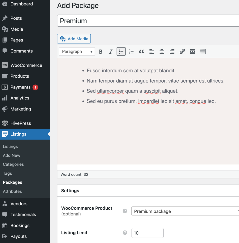 Adding premium listing package.