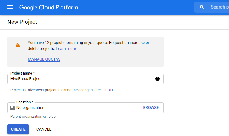 Creating a new project on the Google Cloud Platform.