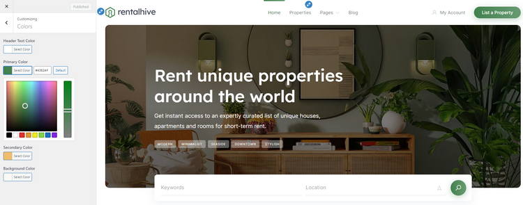 Customization options of a rental marketplace WordPress theme.