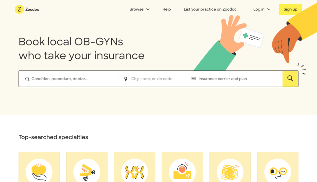 Zocdoc homepage.