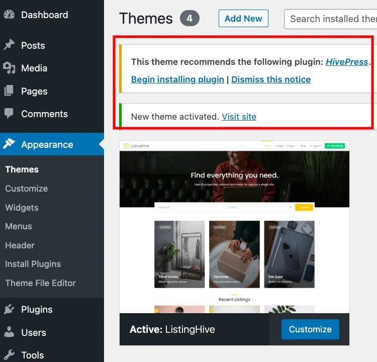 Installing the HivePress plugin.