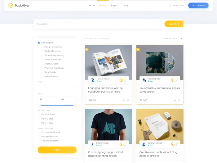Service marketplace theme search page
